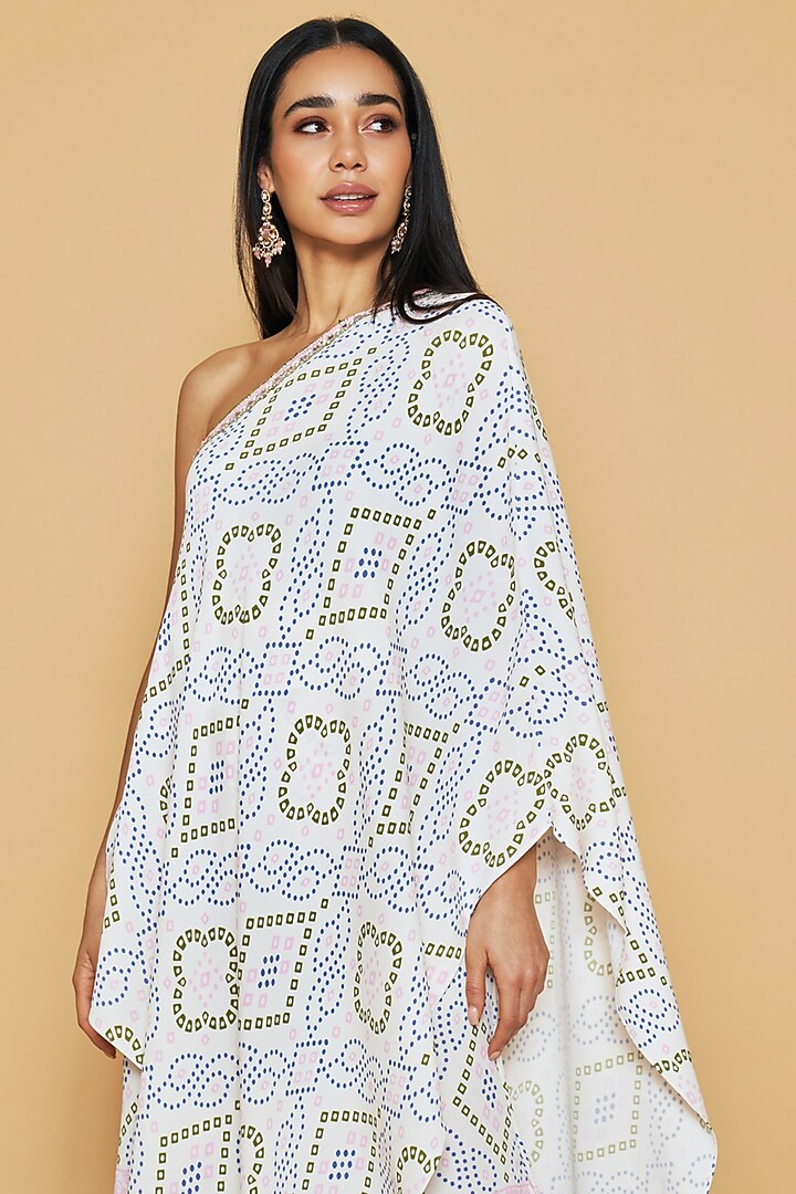 Blue & Pink Dupion Silk Floral Printed One-Shoulder Tunic Set by Sakshi Girri at Pernia's Pop Up Shop