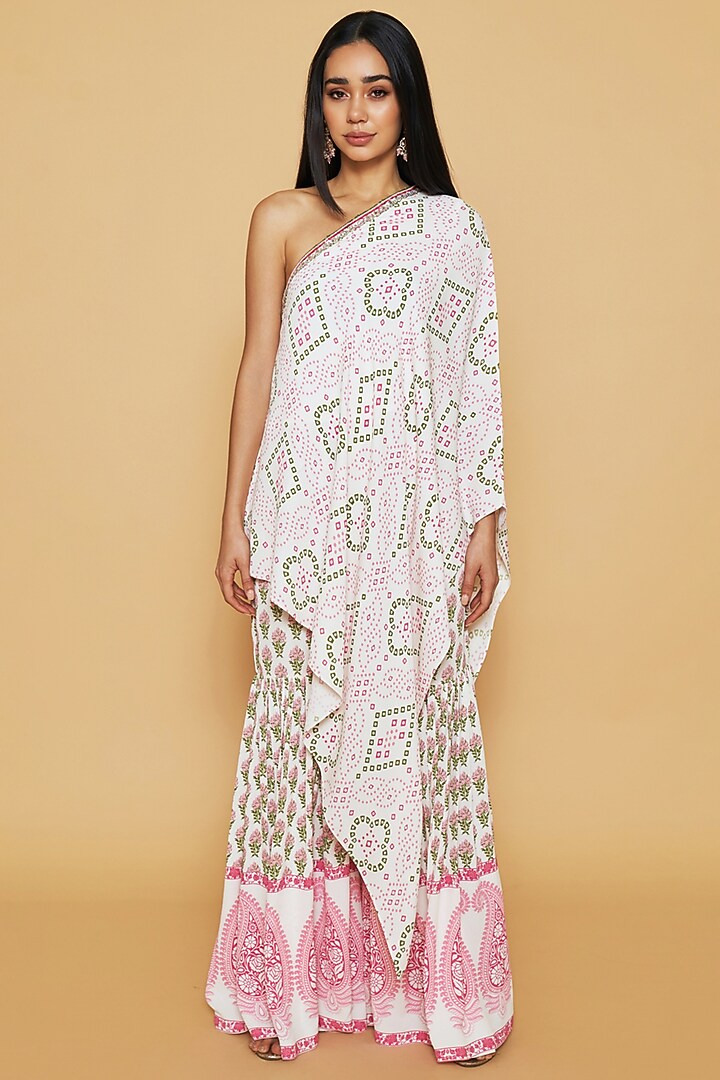Pink & Green Double Georgette Bandhani Printed One-Shoulder Tunic Set by Sakshi Girri at Pernia's Pop Up Shop