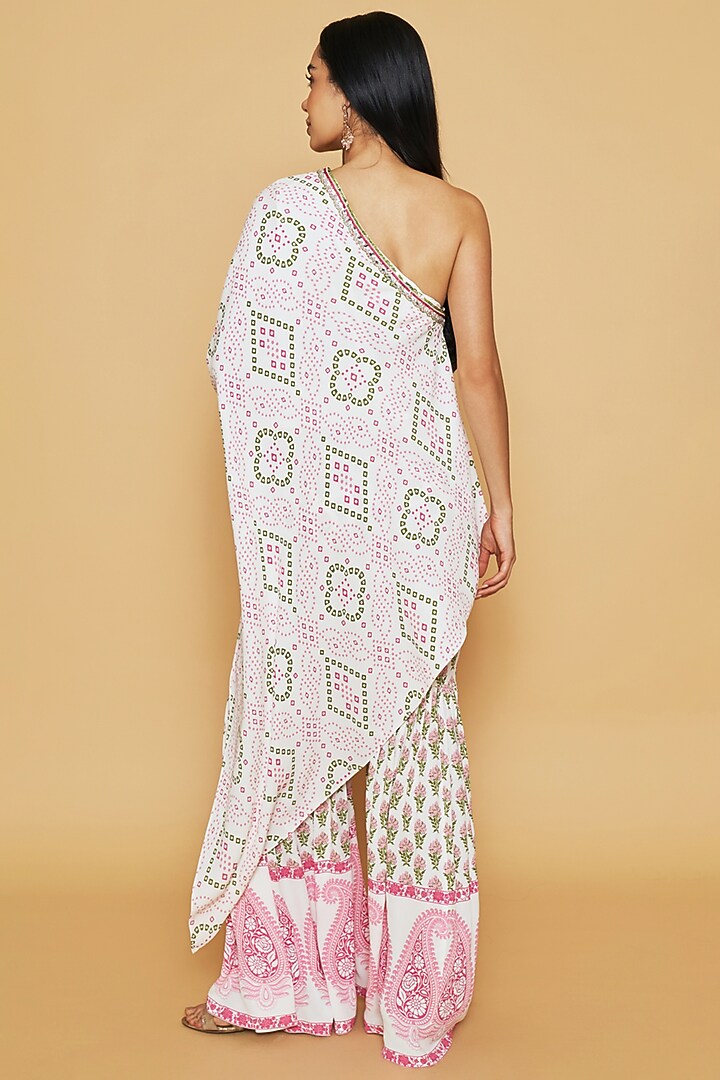Pink & Green Double Georgette Bandhani Printed One-Shoulder Tunic Set by Sakshi Girri at Pernia's Pop Up Shop
