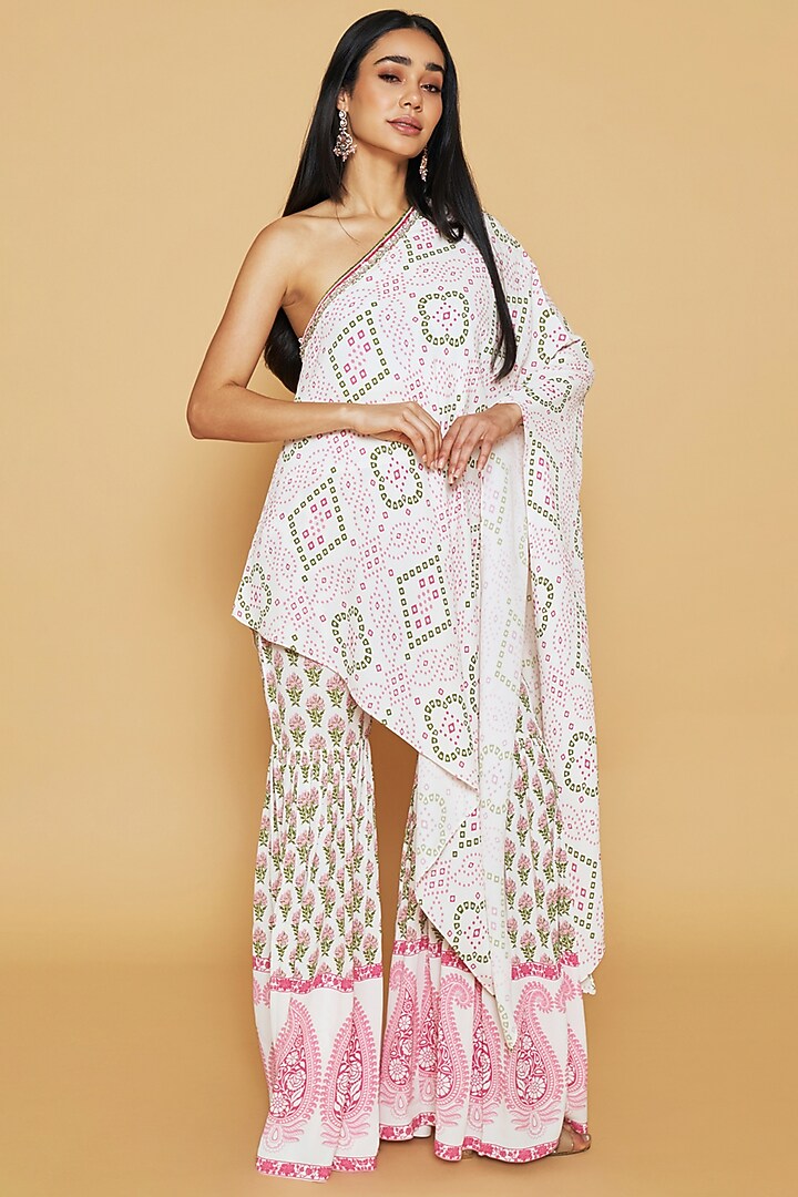 Pink & Green Double Georgette Bandhani Printed One-Shoulder Tunic Set by Sakshi Girri at Pernia's Pop Up Shop