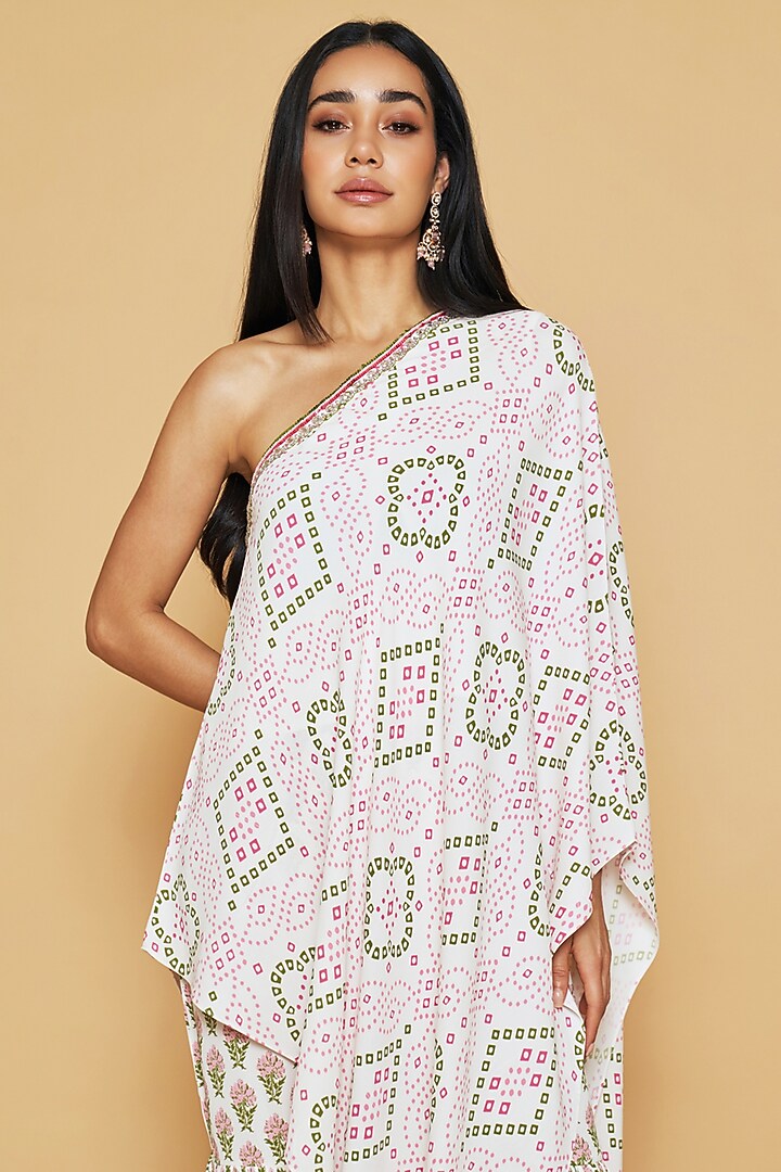 Pink & Green Double Georgette Bandhani Printed One-Shoulder Tunic Set by Sakshi Girri at Pernia's Pop Up Shop