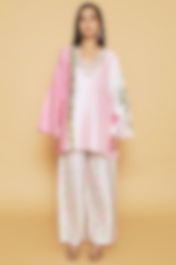 Pink & Green Dupion Silk Floral Printed Tunic Set by Sakshi Girri at Pernia's Pop Up Shop