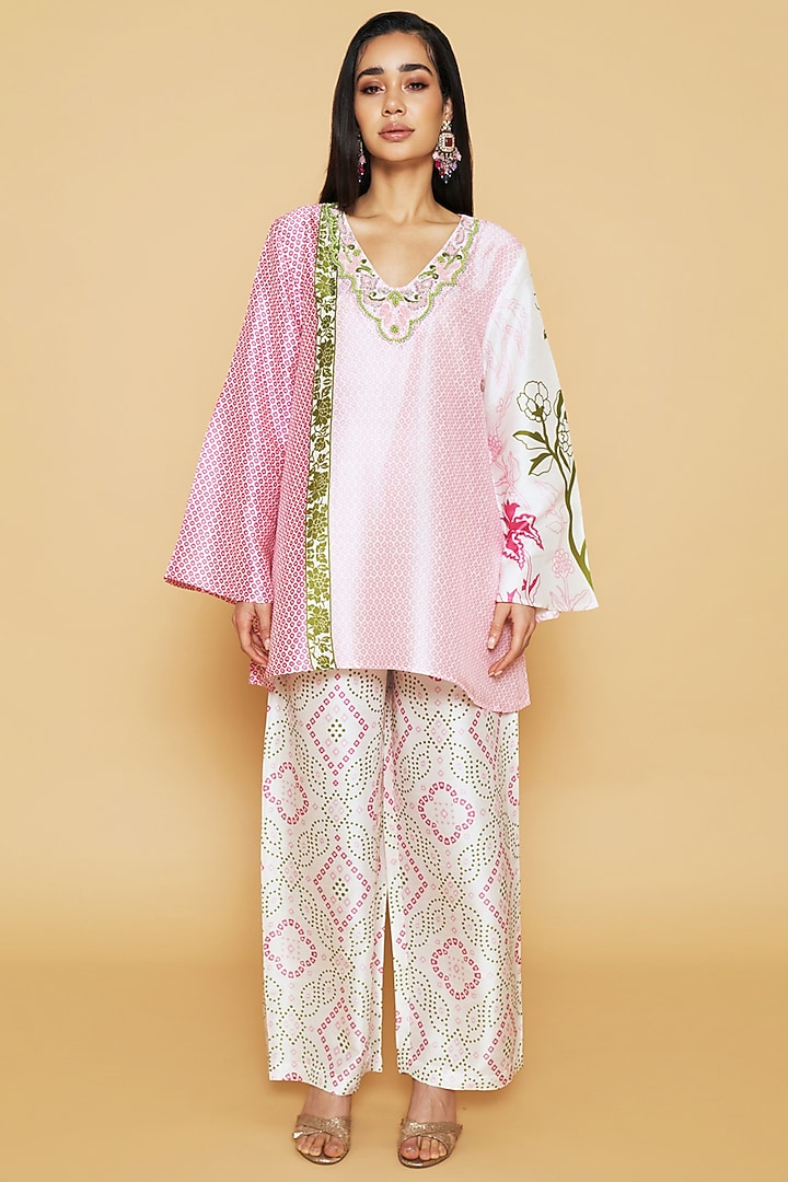 Pink & Green Dupion Silk Floral Printed Tunic Set by Sakshi Girri at Pernia's Pop Up Shop