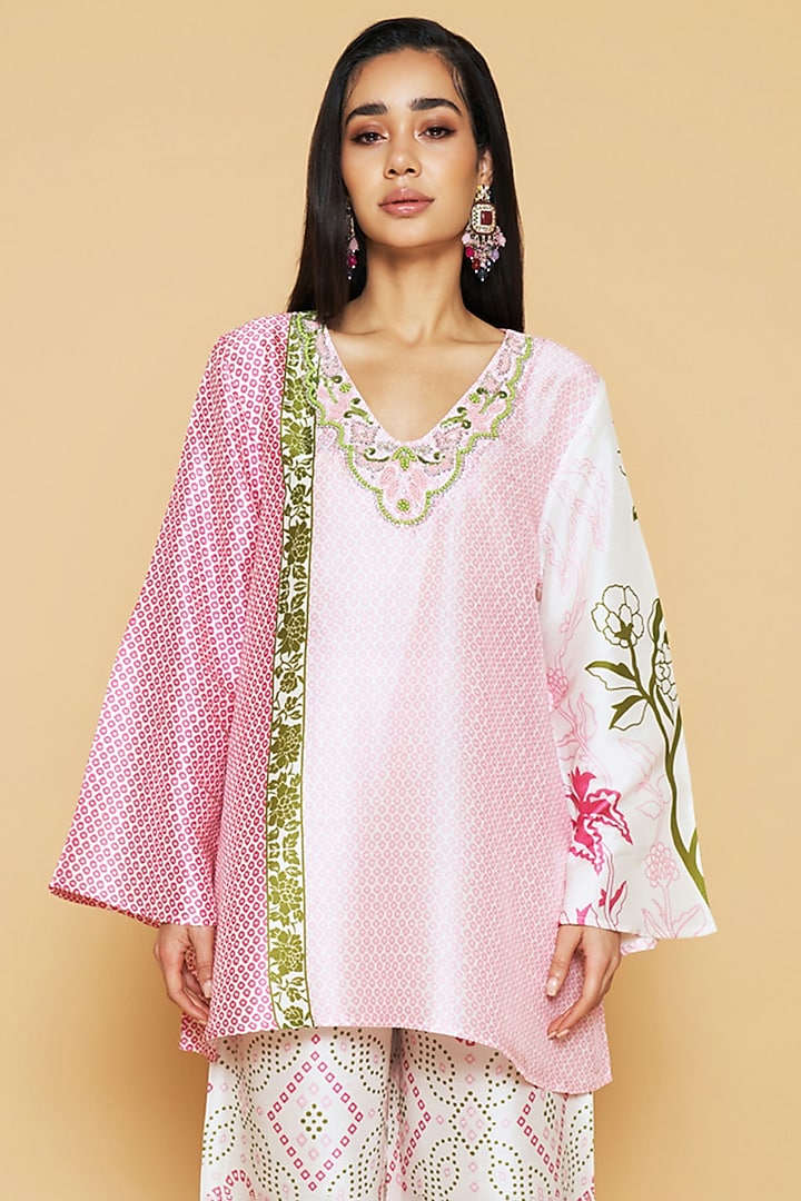 Pink & Green Dupion Silk Floral Printed Tunic Set by Sakshi Girri at Pernia's Pop Up Shop