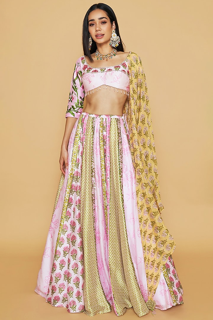 Multi-Colored Dupion Silk Floral Printed Panelled Wedding Lehenga Set by Sakshi Girri at Pernia's Pop Up Shop