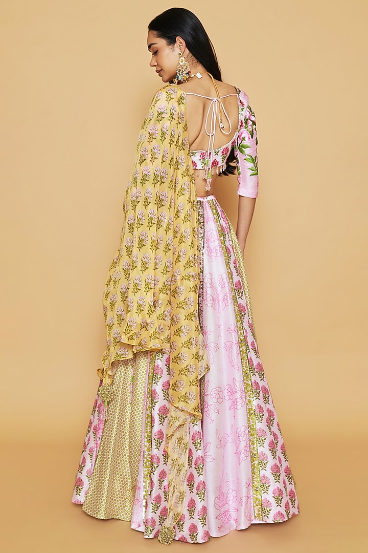 Multi-Colored Dupion Silk Floral Printed Panelled Wedding Lehenga Set by Sakshi Girri at Pernia's Pop Up Shop