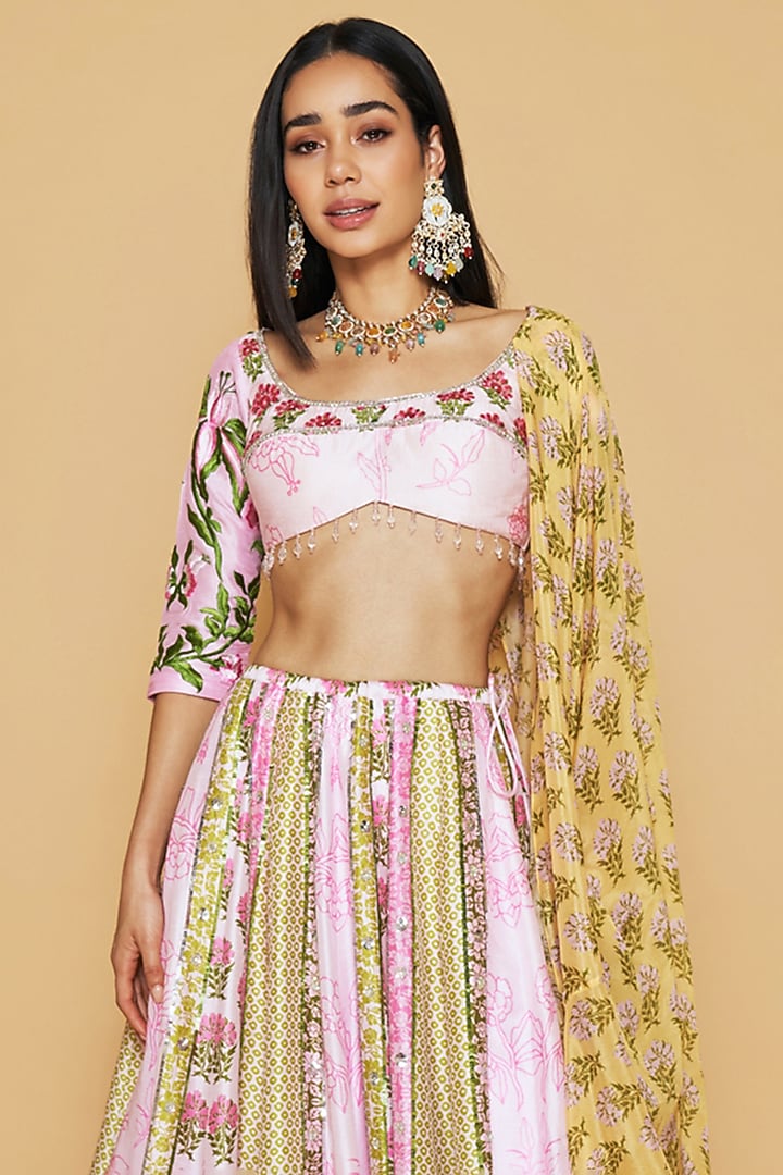 Multi-Colored Dupion Silk Floral Printed Panelled Wedding Lehenga Set by Sakshi Girri at Pernia's Pop Up Shop