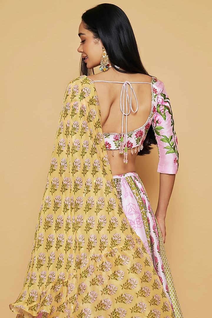 Multi-Colored Dupion Silk Floral Printed Panelled Wedding Lehenga Set by Sakshi Girri at Pernia's Pop Up Shop