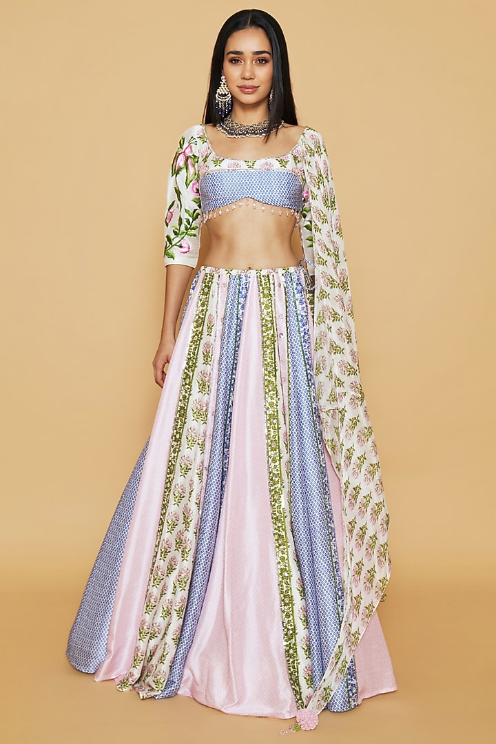 Multi-Colored Dupion Silk Floral Printed Panelled Wedding Lehenga Set by Sakshi Girri at Pernia's Pop Up Shop