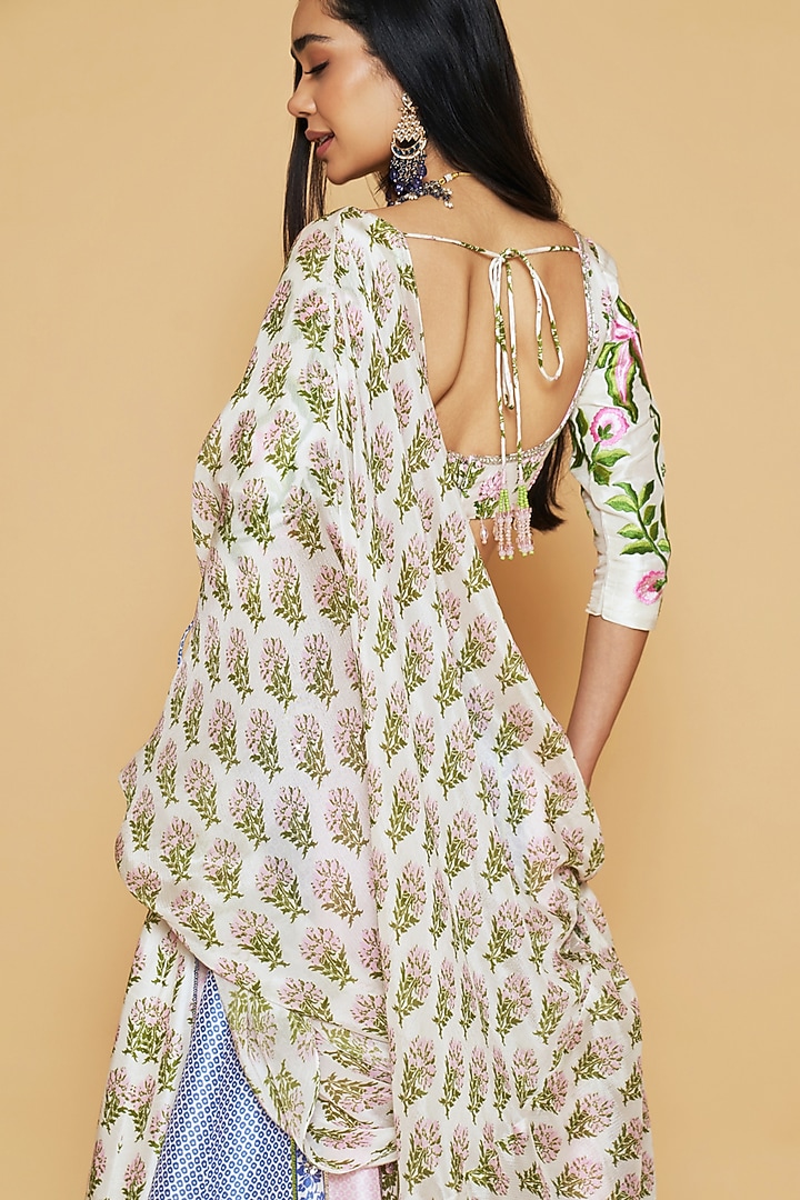 Multi-Colored Dupion Silk Floral Printed Panelled Wedding Lehenga Set by Sakshi Girri at Pernia's Pop Up Shop