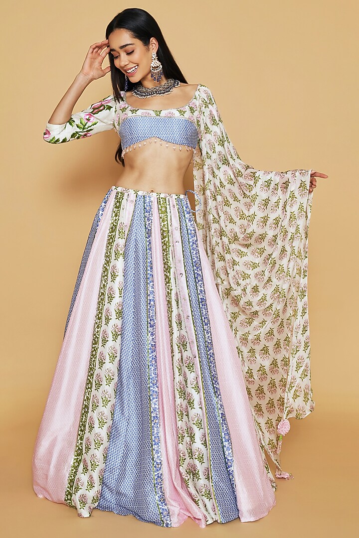 Multi-Colored Dupion Silk Floral Printed Panelled Wedding Lehenga Set by Sakshi Girri at Pernia's Pop Up Shop