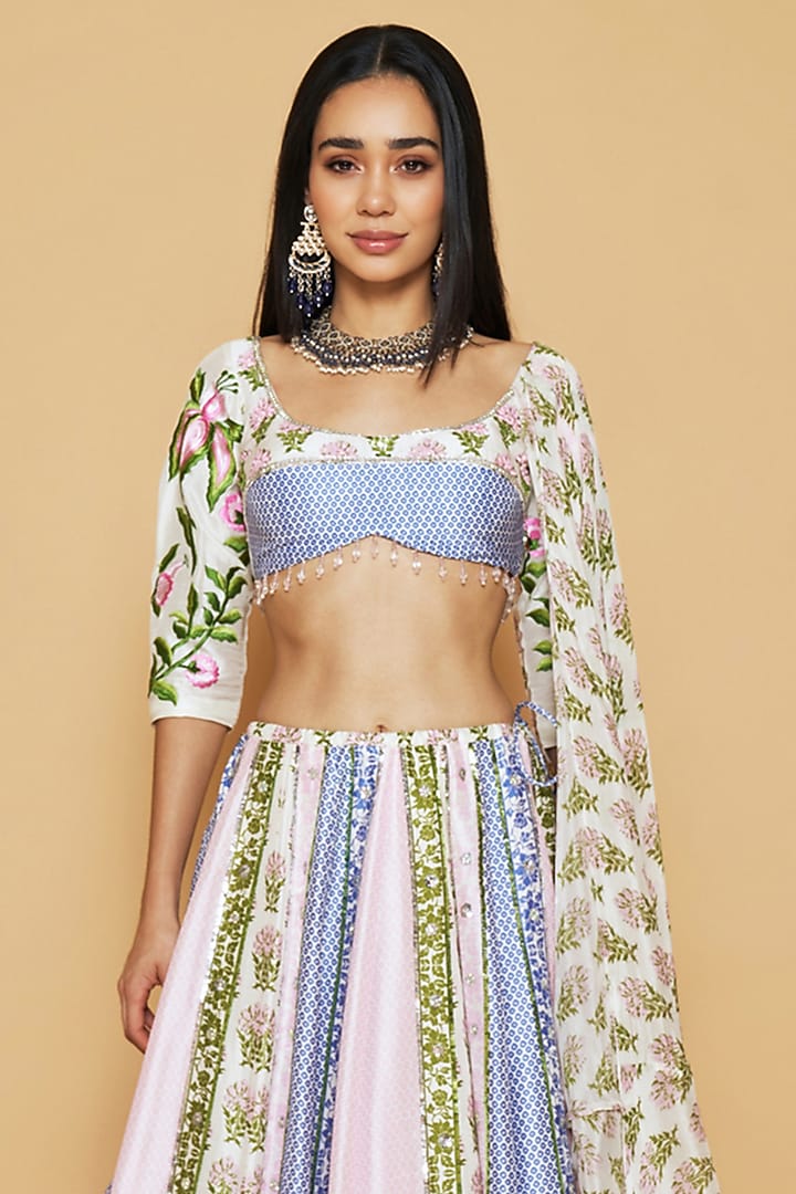 Multi-Colored Dupion Silk Floral Printed Panelled Wedding Lehenga Set by Sakshi Girri at Pernia's Pop Up Shop