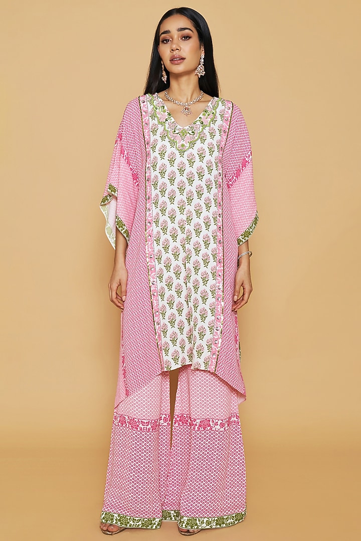Pink & Green Double Georgette Floral Printed Kaftan Set by Sakshi Girri at Pernia's Pop Up Shop