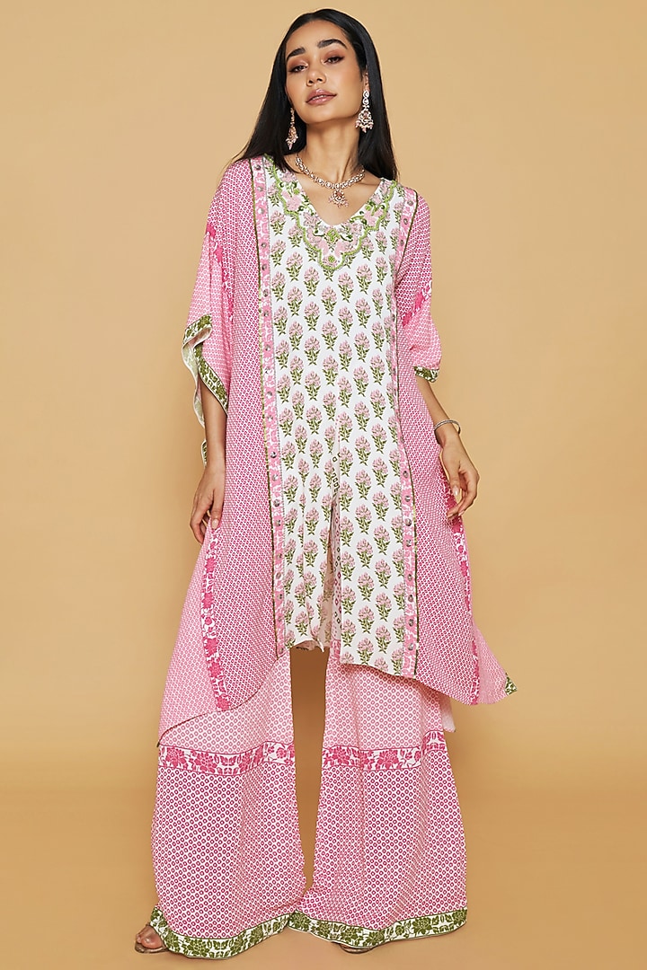 Pink & Green Double Georgette Floral Printed Kaftan Set by Sakshi Girri at Pernia's Pop Up Shop