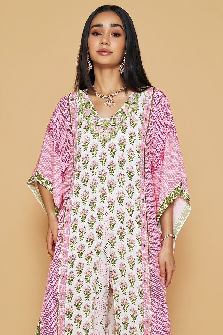 Pink & Green Double Georgette Floral Printed Kaftan Set by Sakshi Girri at Pernia's Pop Up Shop