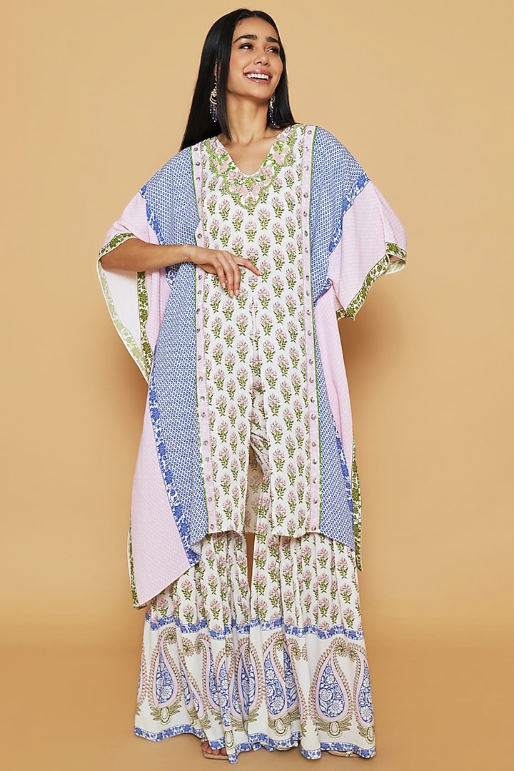 Ivory & Blue Double Georgette Floral Printed Kaftan Set by Sakshi Girri at Pernia's Pop Up Shop