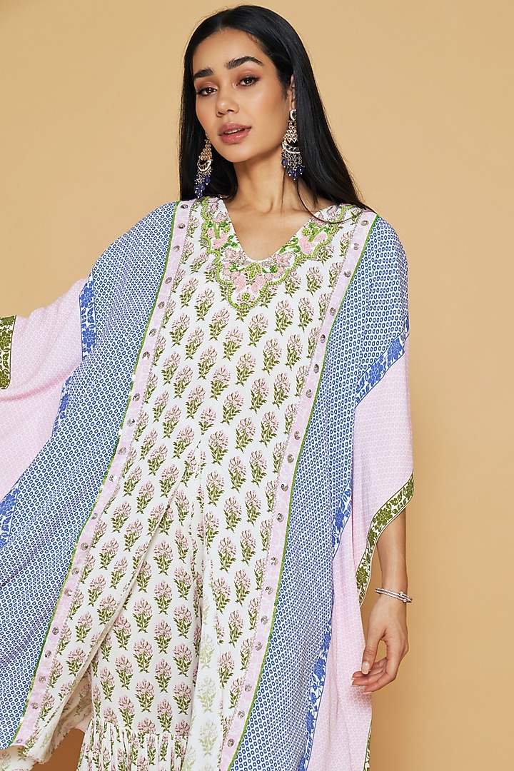 Ivory & Blue Double Georgette Floral Printed Kaftan Set by Sakshi Girri at Pernia's Pop Up Shop