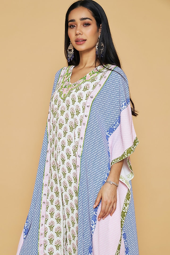 Ivory & Blue Double Georgette Floral Printed Kaftan Set by Sakshi Girri at Pernia's Pop Up Shop