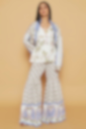 Ivory & Blue Cotton Twill Floral Printed Party Wear Sharara Set by Sakshi Girri at Pernia's Pop Up Shop
