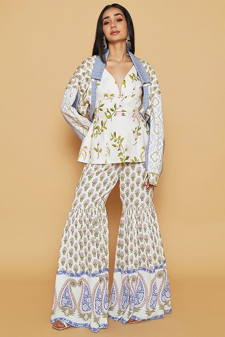 Ivory & Blue Cotton Twill Floral Printed Party Wear Sharara Set by Sakshi Girri at Pernia's Pop Up Shop