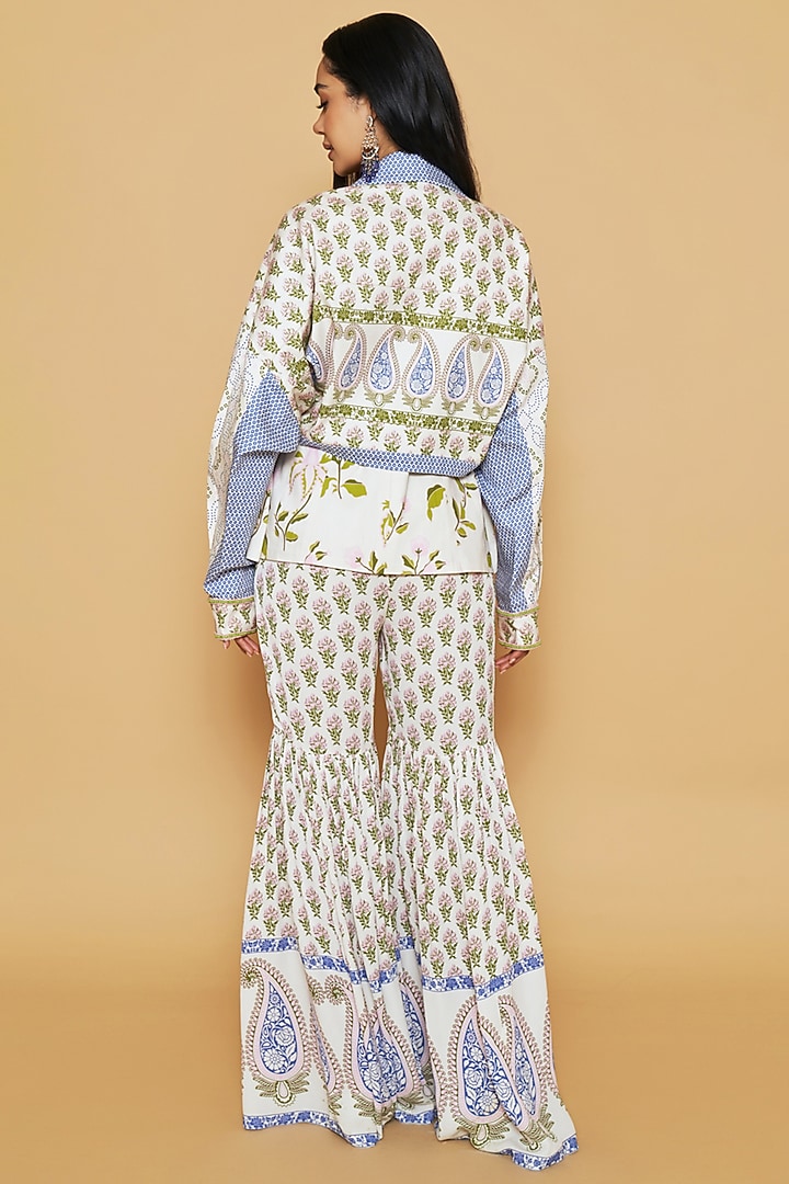 Ivory & Blue Cotton Twill Floral Printed Party Wear Sharara Set by Sakshi Girri at Pernia's Pop Up Shop