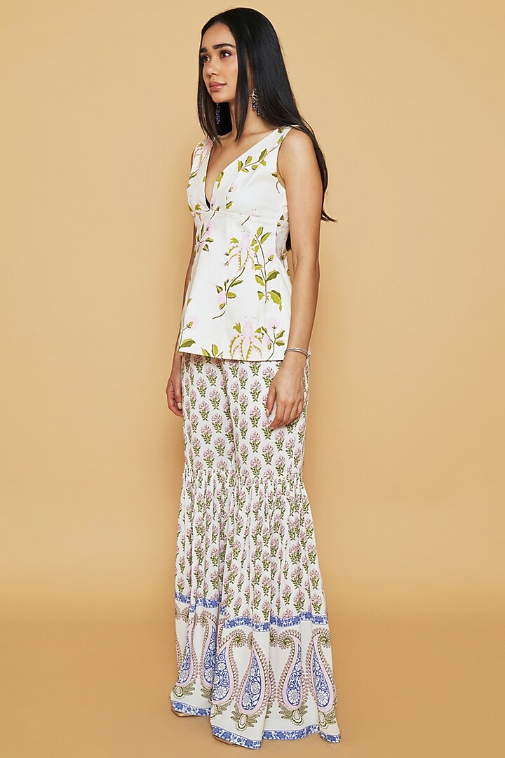 Ivory & Blue Cotton Twill Floral Printed Party Wear Sharara Set by Sakshi Girri at Pernia's Pop Up Shop