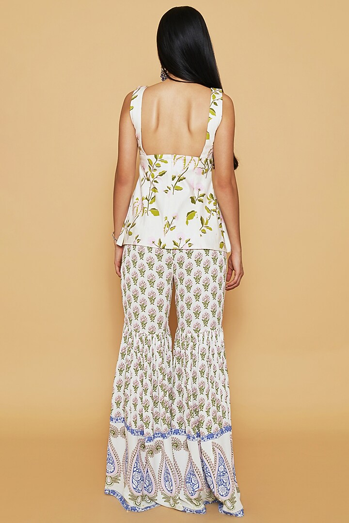 Ivory & Blue Cotton Twill Floral Printed Party Wear Sharara Set by Sakshi Girri at Pernia's Pop Up Shop