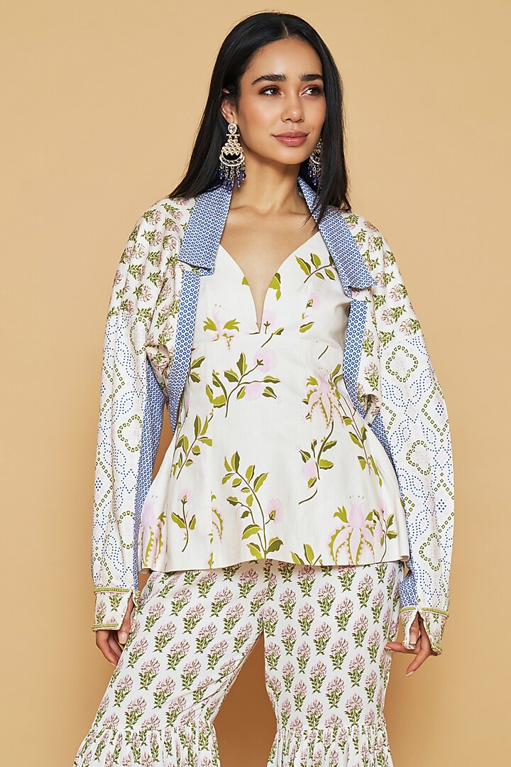Ivory & Blue Cotton Twill Floral Printed Party Wear Sharara Set by Sakshi Girri at Pernia's Pop Up Shop