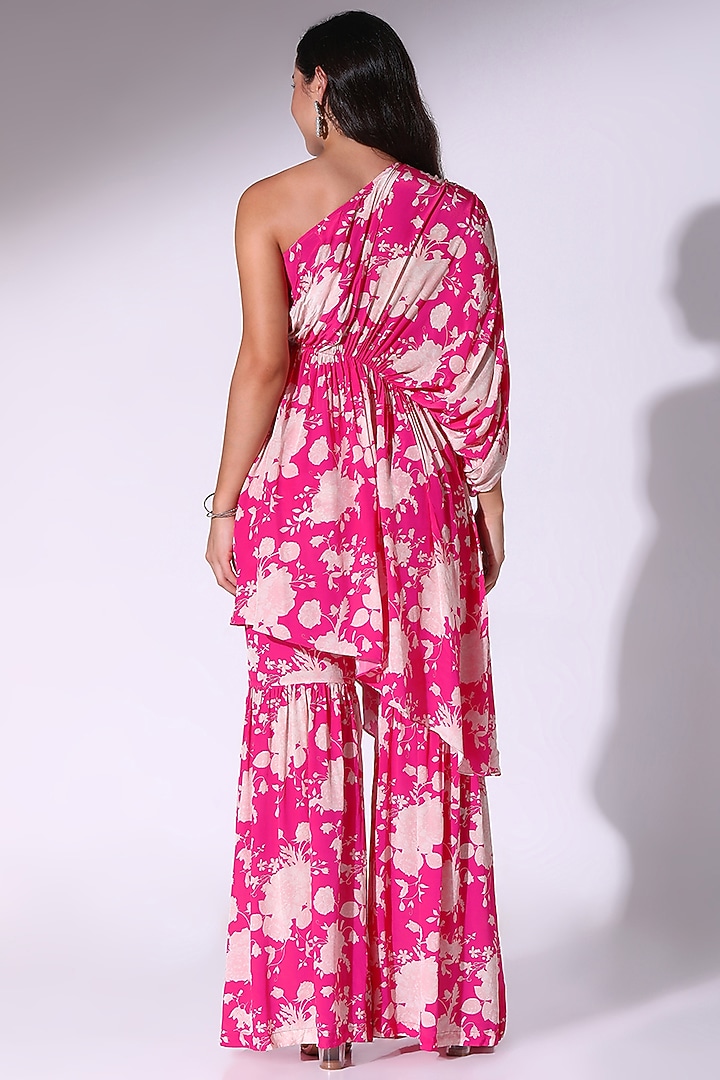 Hot Pink Crepe Floral Printed One-Shoulder Tunic Set by Sakshi Girri at Pernia's Pop Up Shop