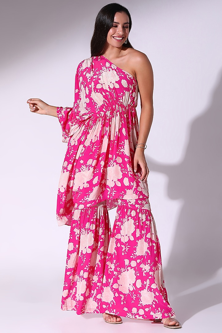 Hot Pink Crepe Floral Printed One-Shoulder Tunic Set by Sakshi Girri at Pernia's Pop Up Shop