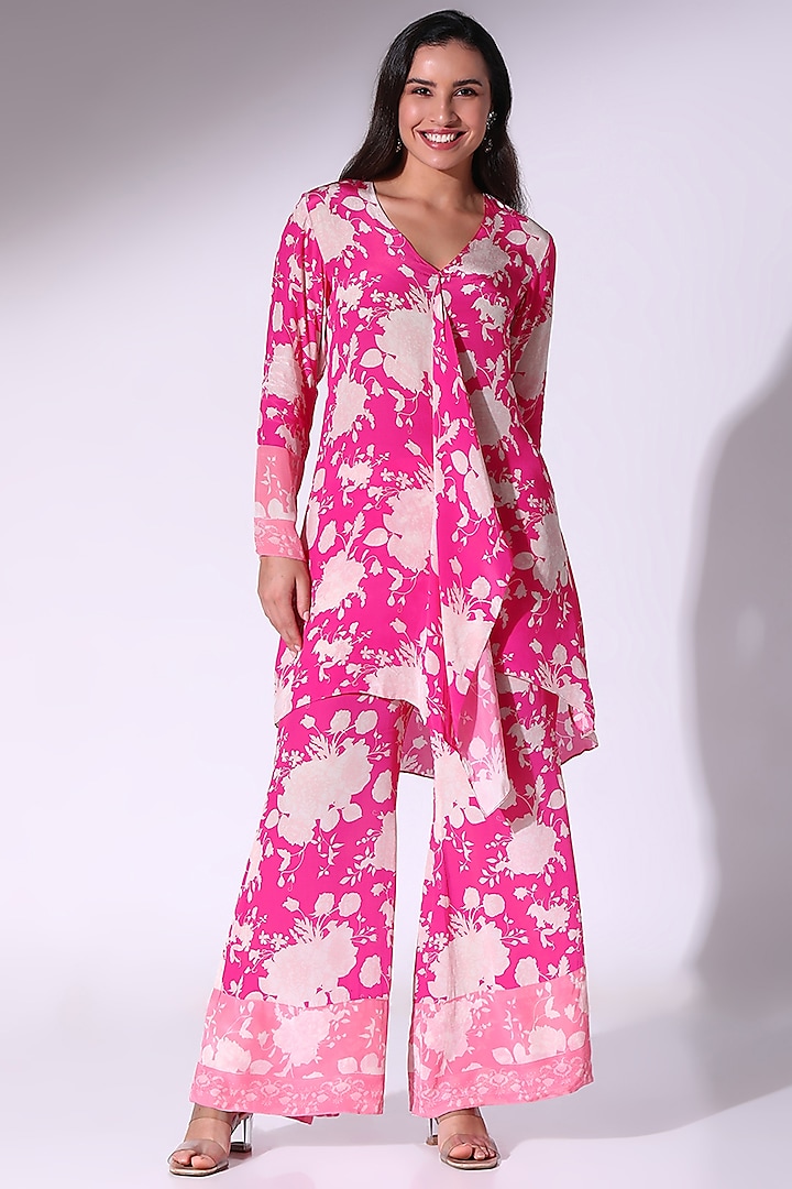 Hot Pink Crepe Floral Printed Asymmetrical Tunic Set by Sakshi Girri
