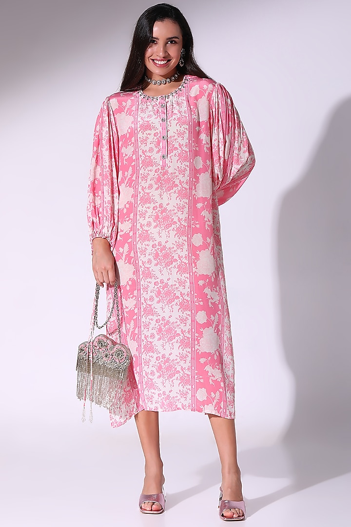 Pink Crepe Floral Printed Tunic  by Sakshi Girri