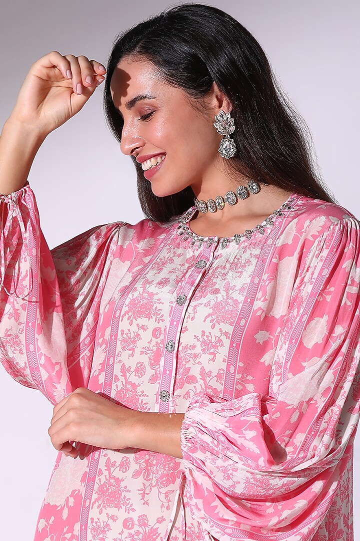 Pink Crepe Floral Printed Tunic by Sakshi Girri at Pernia's Pop Up Shop