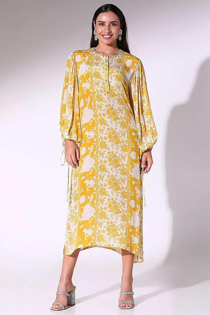 Mustard Yellow Crepe Floral Printed Tunic  by Sakshi Girri