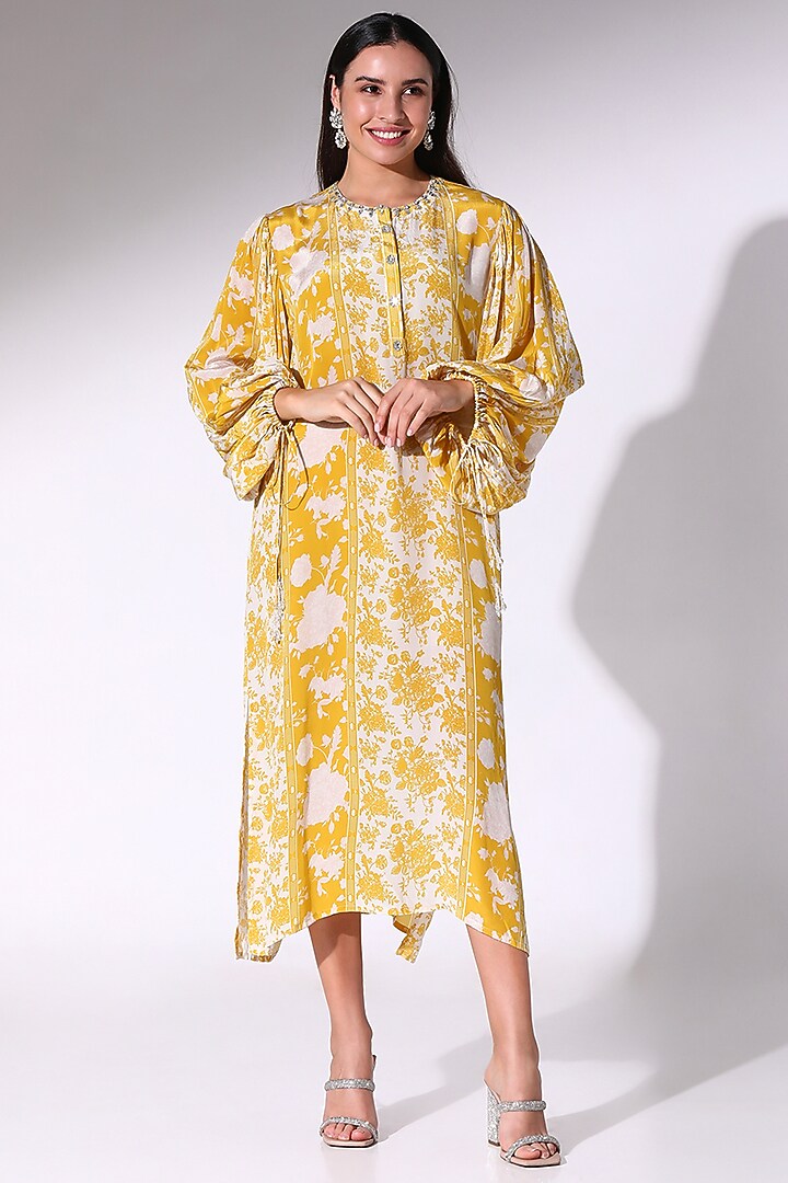Mustard Yellow Crepe Floral Printed Tunic by Sakshi Girri at Pernia's Pop Up Shop