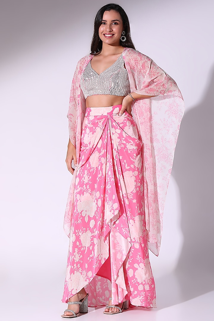 Pink Organza Floral Printed Draped Skirt Set by Sakshi Girri