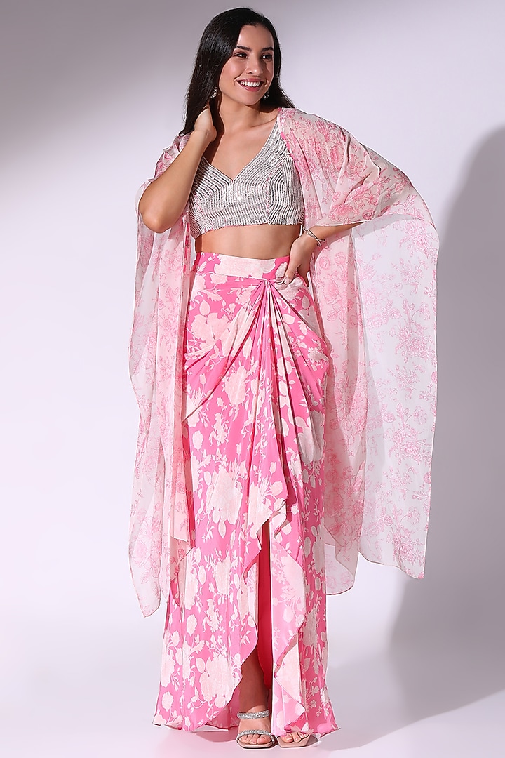 Pink Organza Floral Printed Draped Skirt Set by Sakshi Girri at Pernia's Pop Up Shop