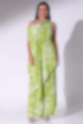 Lime Green Crepe Floral Printed One-Shoulder Tunic Set by Sakshi Girri