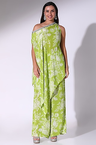 Lime Green Crepe Floral Printed One-Shoulder Tunic Set by Sakshi Girri