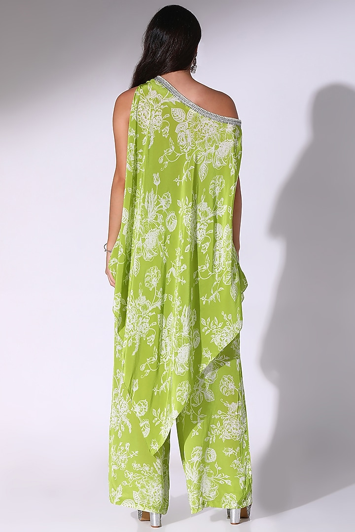 Lime Green Crepe Floral Printed One-Shoulder Tunic Set by Sakshi Girri at Pernia's Pop Up Shop