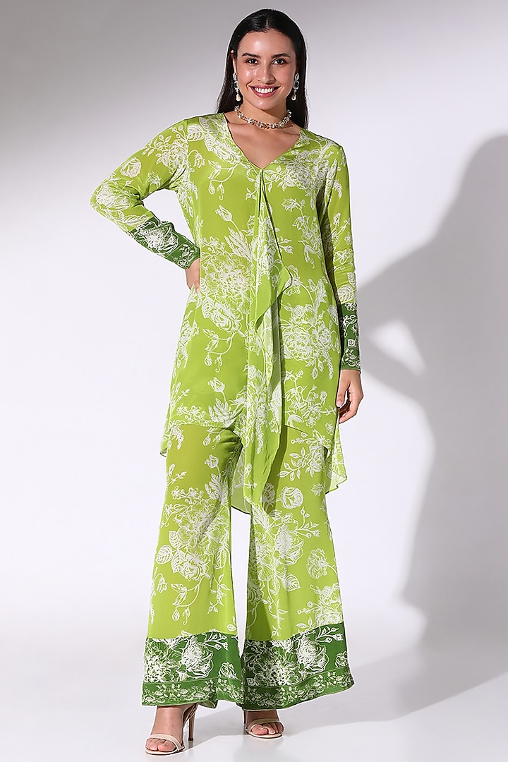 Lime Green Crepe Floral Printed Asymmetrical Tunic Set by Sakshi Girri