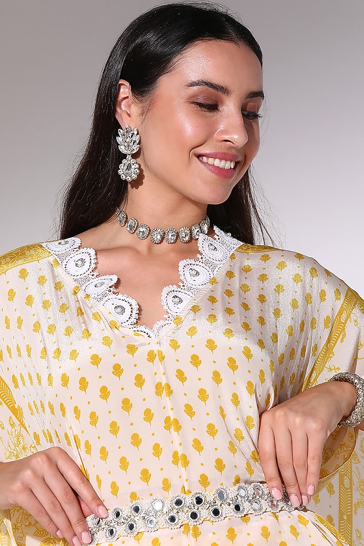 Yellow Crepe Floral Printed & Lace Embellished Kaftan Set by Sakshi Girri at Pernia's Pop Up Shop