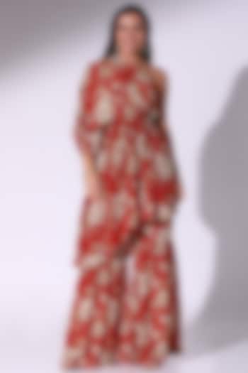 Red Crepe Floral Printed One-Shoulder Tunic Set by Sakshi Girri