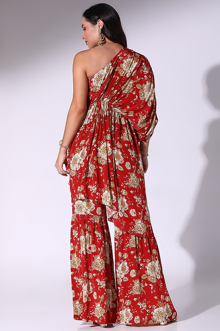 Red Crepe Floral Printed One-Shoulder Tunic Set by Sakshi Girri at Pernia's Pop Up Shop