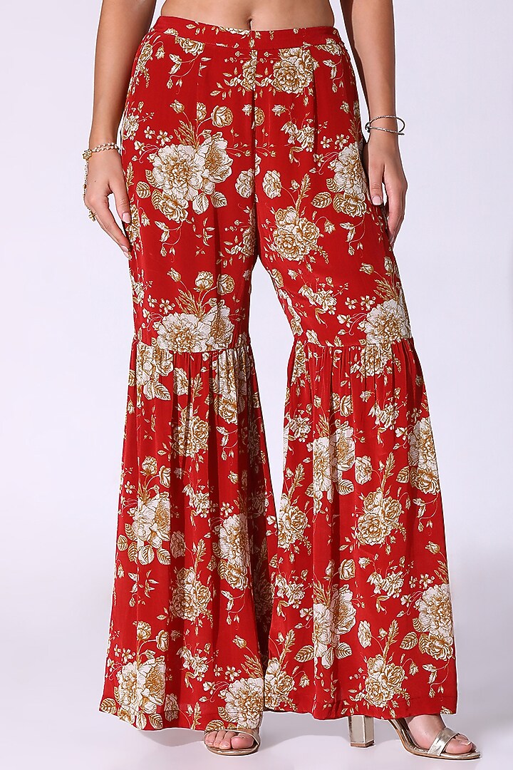 Red Crepe Floral Printed One-Shoulder Tunic Set by Sakshi Girri at Pernia's Pop Up Shop