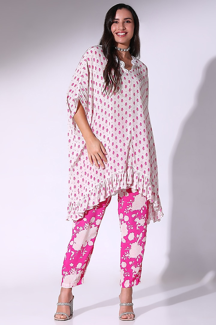 Pink Crepe Embellished Ruffled Kaftan Set by Sakshi Girri at Pernia's Pop Up Shop