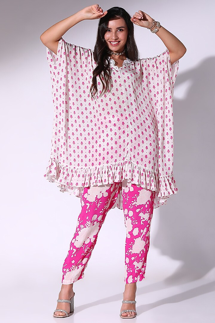 Pink Crepe Embellished Ruffled Kaftan Set by Sakshi Girri at Pernia's Pop Up Shop