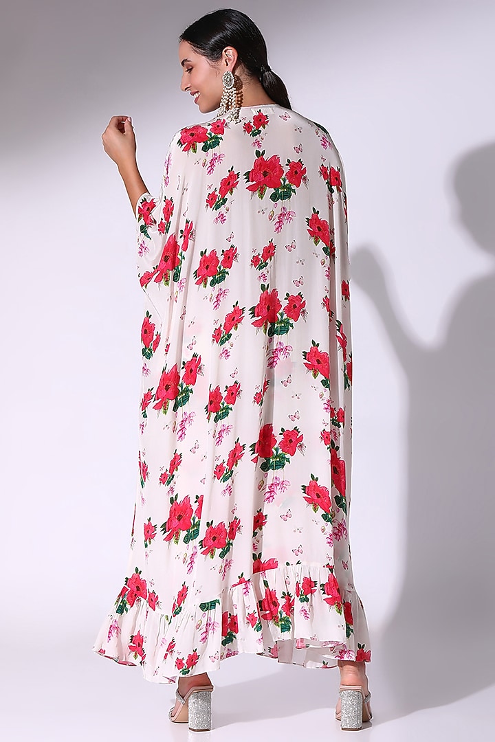 White Crepe Floral Printed & Embellished Ruffled Kaftan Set by Sakshi Girri at Pernia's Pop Up Shop