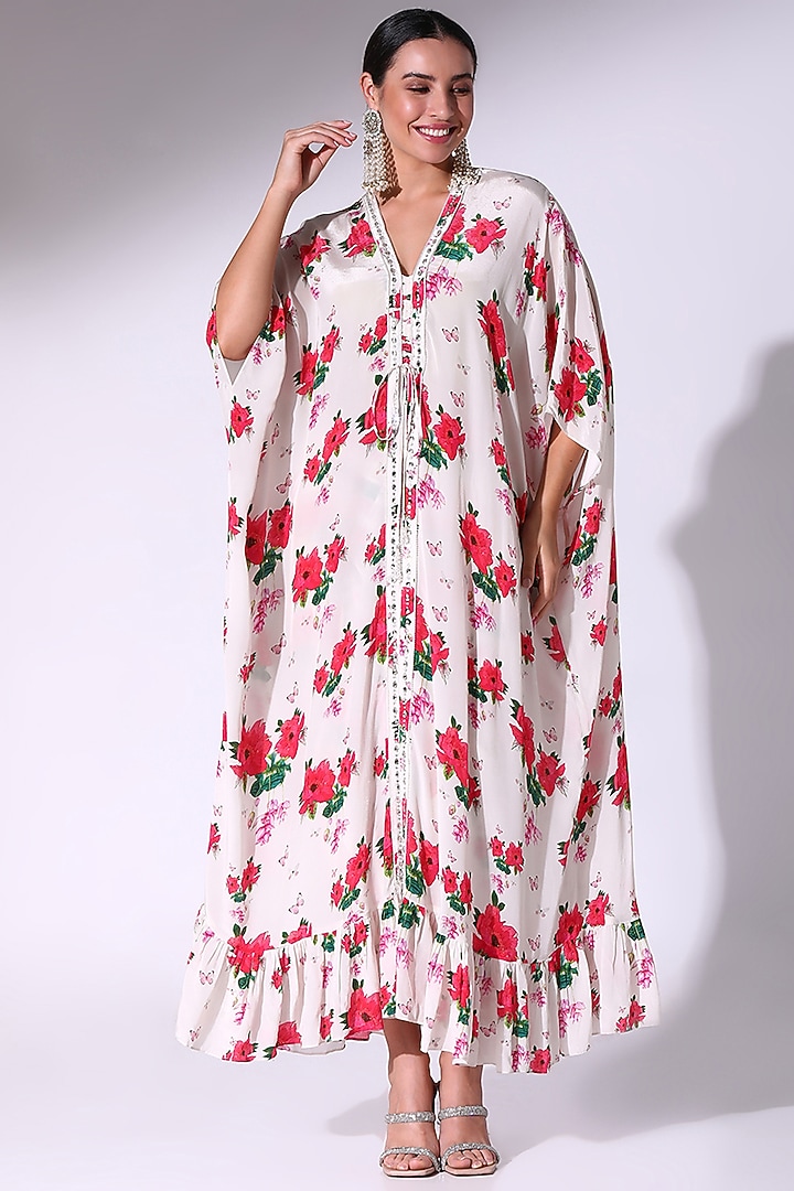 White Crepe Floral Printed & Embellished Ruffled Kaftan Set by Sakshi Girri at Pernia's Pop Up Shop