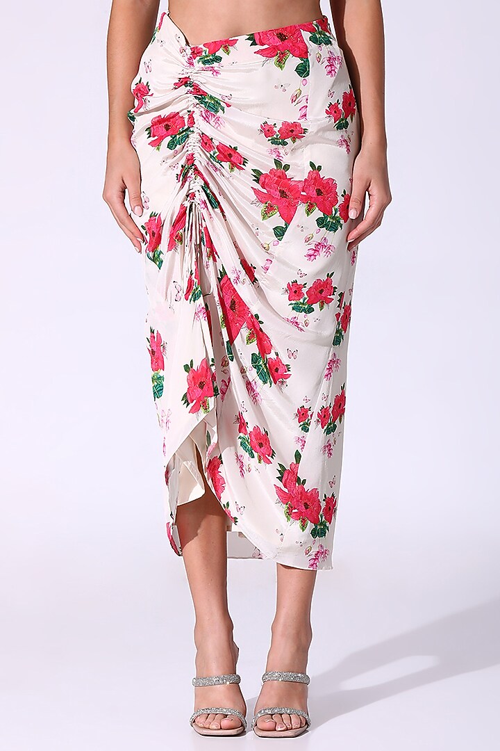 White Crepe Floral Printed & Embellished Ruffled Kaftan Set by Sakshi Girri at Pernia's Pop Up Shop
